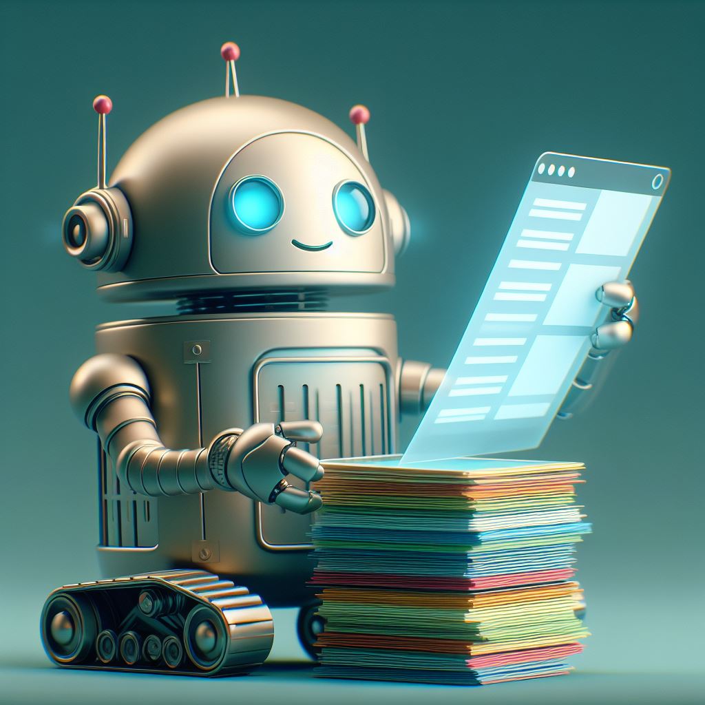 Een vriendelijke robot browst het internet, gegenereerd door DALL-E 3.